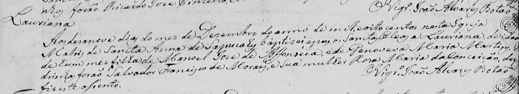 Batismo de Lauriana, na matriz de Santa do Sapucaí, em 19 de dezembro de 1800