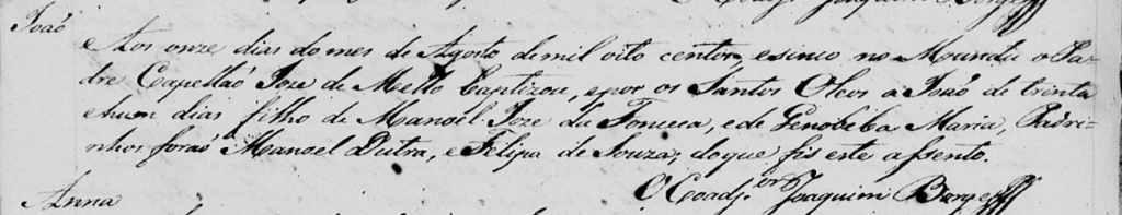 Batismo de João, na capela do Mandu, em 11 de agosto de 1805
