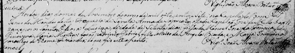 Batismo de Lucina, na capela do Bom Jesus do Mandu, em 02 de novembro de 1807