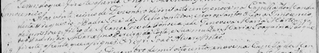 Batismo de Inocencio, na capela do Mandu, em 25 de dezembro de 1809